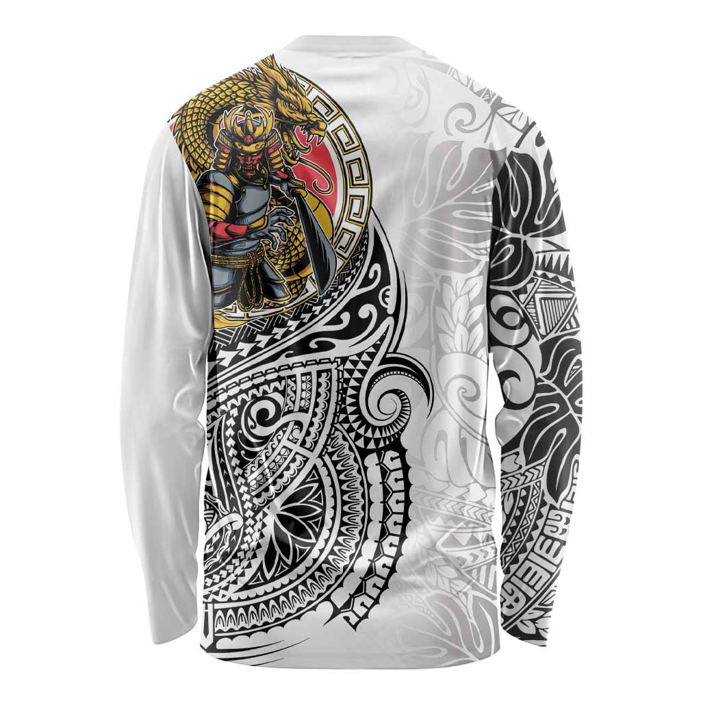 Japanese Samurai Warrior Long Sleeve Shirt White Polynesian Tattoo Style