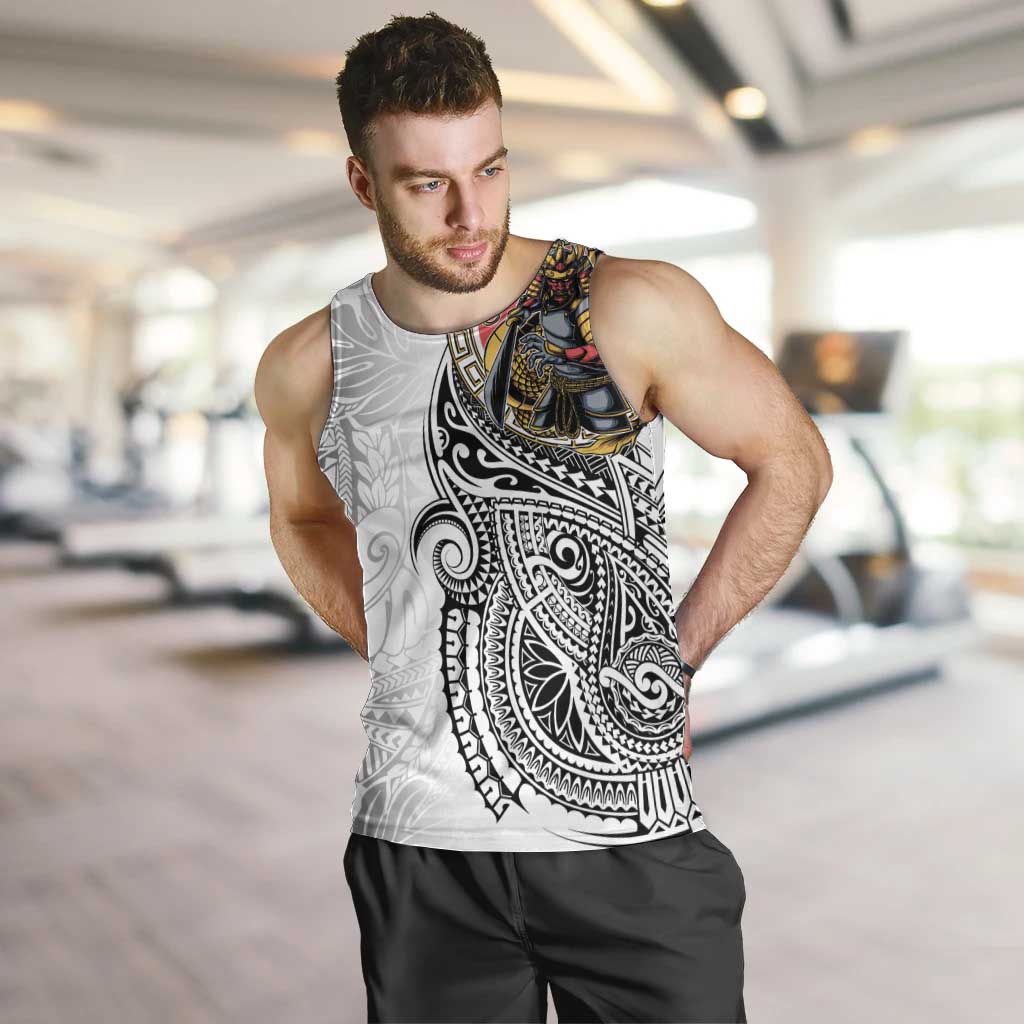 Japanese Samurai Warrior Men Tank Top White Polynesian Tattoo Style LT9 White - Polynesian Pride