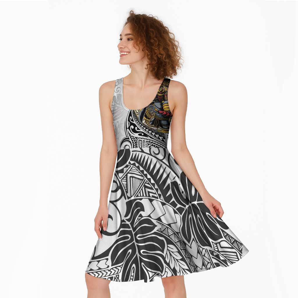 Japanese Samurai Warrior Midi Dress White Polynesian Tattoo Style - Polynesian Pride