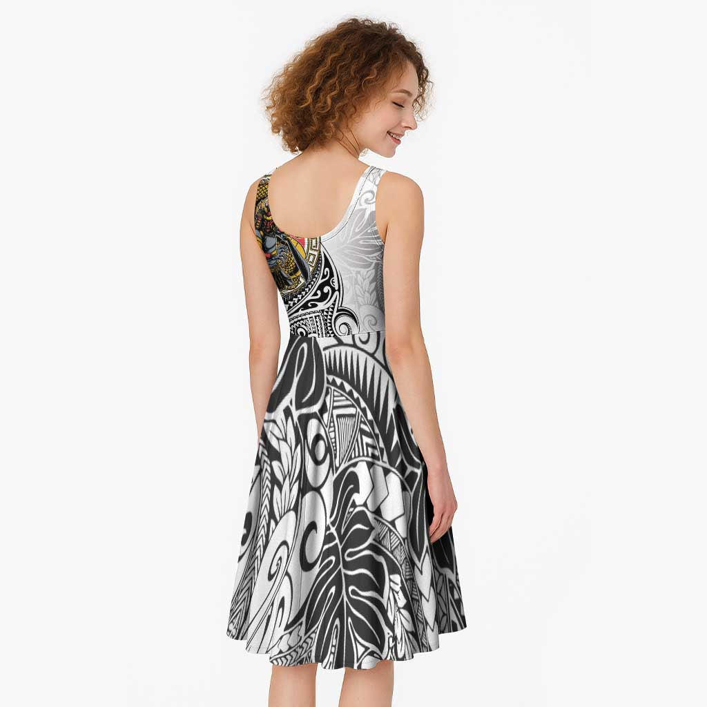 Japanese Samurai Warrior Midi Dress White Polynesian Tattoo Style - Polynesian Pride