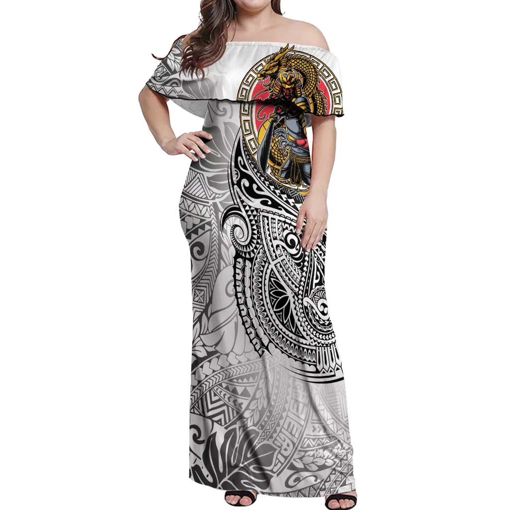 Japanese Samurai Warrior Off Shoulder Maxi Dress White Polynesian Tattoo Style