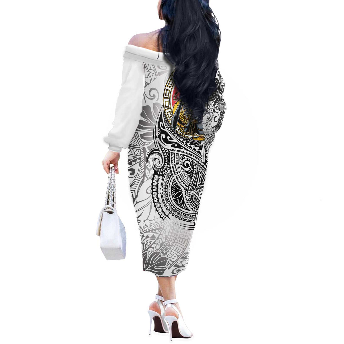 Japanese Samurai Warrior Off The Shoulder Long Sleeve Dress White Polynesian Tattoo Style