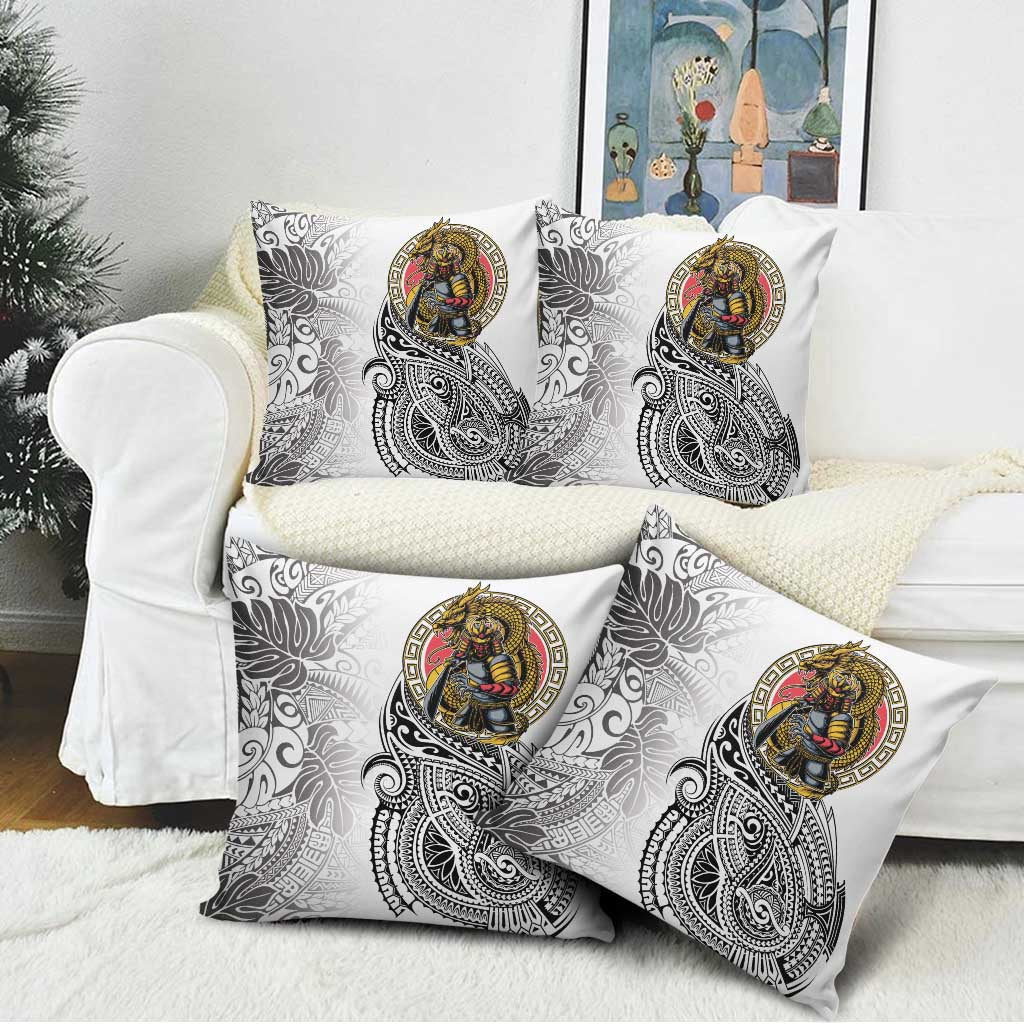 Japanese Samurai Warrior Pillow Cover White Polynesian Tattoo Style - Polynesian Pride