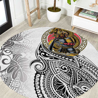 Japanese Samurai Warrior Round Carpet White Polynesian Tattoo Style