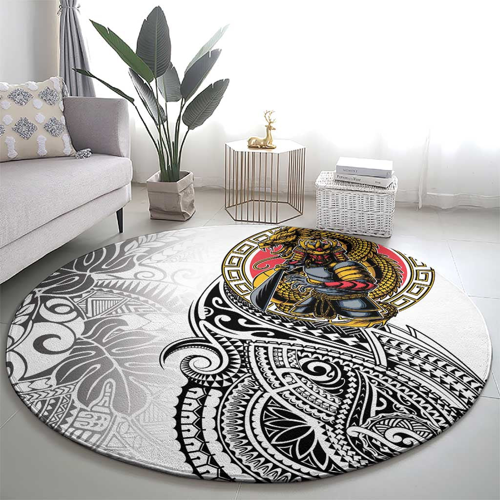 Japanese Samurai Warrior Round Carpet White Polynesian Tattoo Style