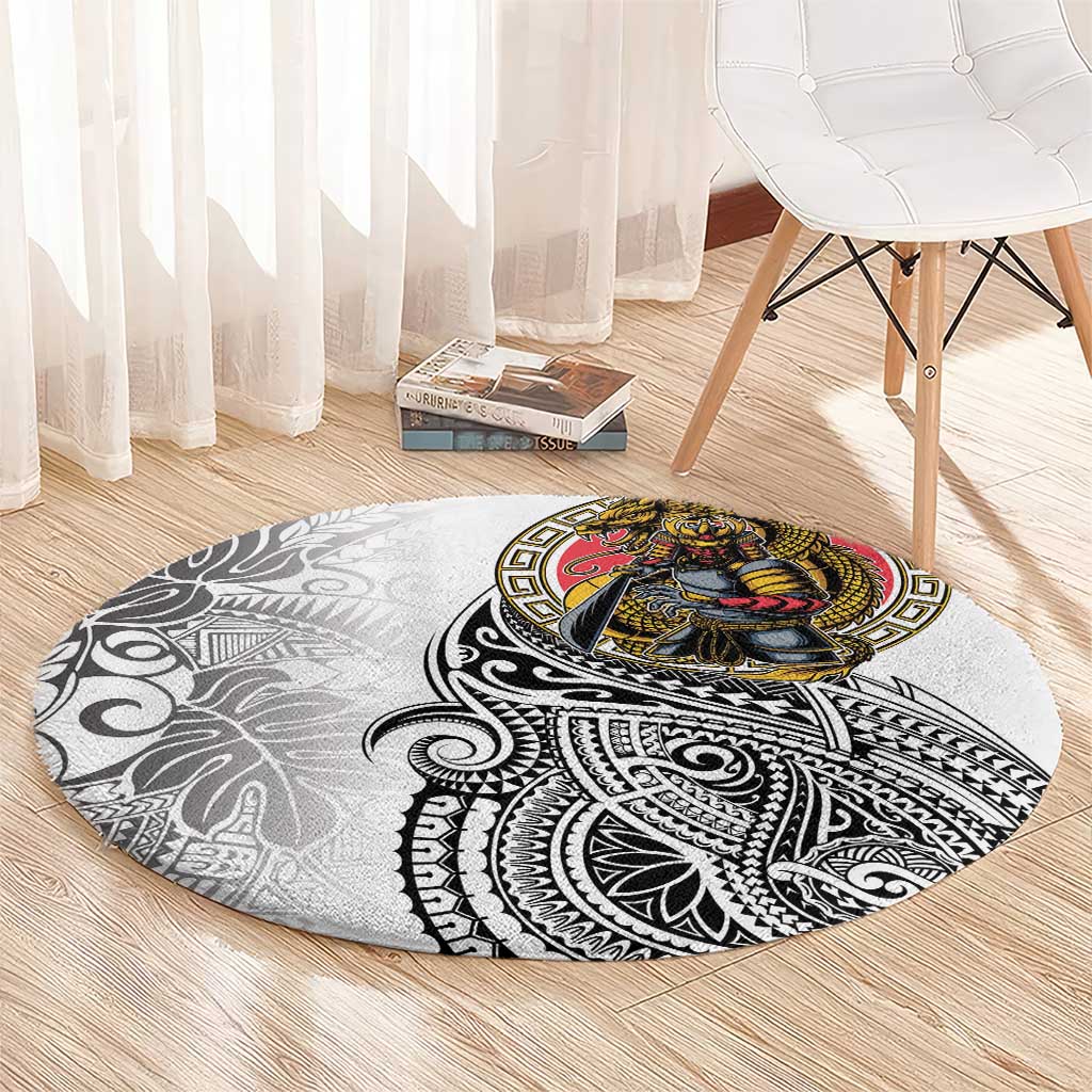 Japanese Samurai Warrior Round Carpet White Polynesian Tattoo Style