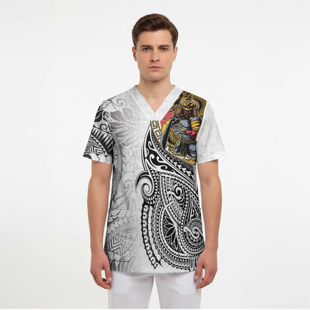 Japanese Samurai Warrior Scrub Top White Polynesian Tattoo Style - Polynesian Pride