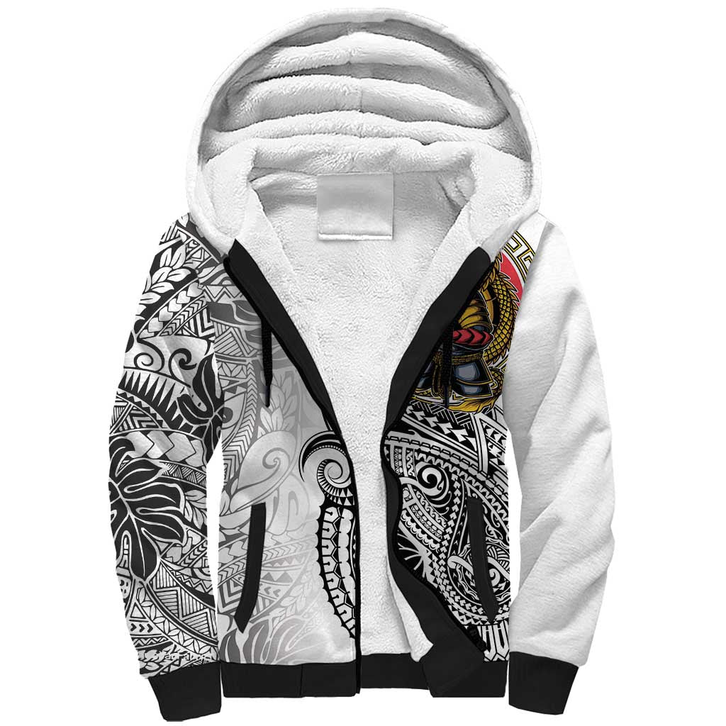 Japanese Samurai Warrior Sherpa Hoodie White Polynesian Tattoo Style LT9 Unisex White - Polynesian Pride
