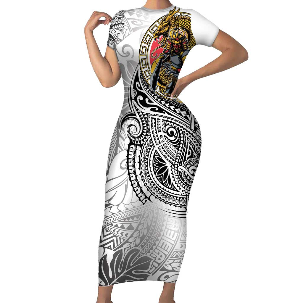 Japanese Samurai Warrior Short Sleeve Bodycon Dress White Polynesian Tattoo Style
