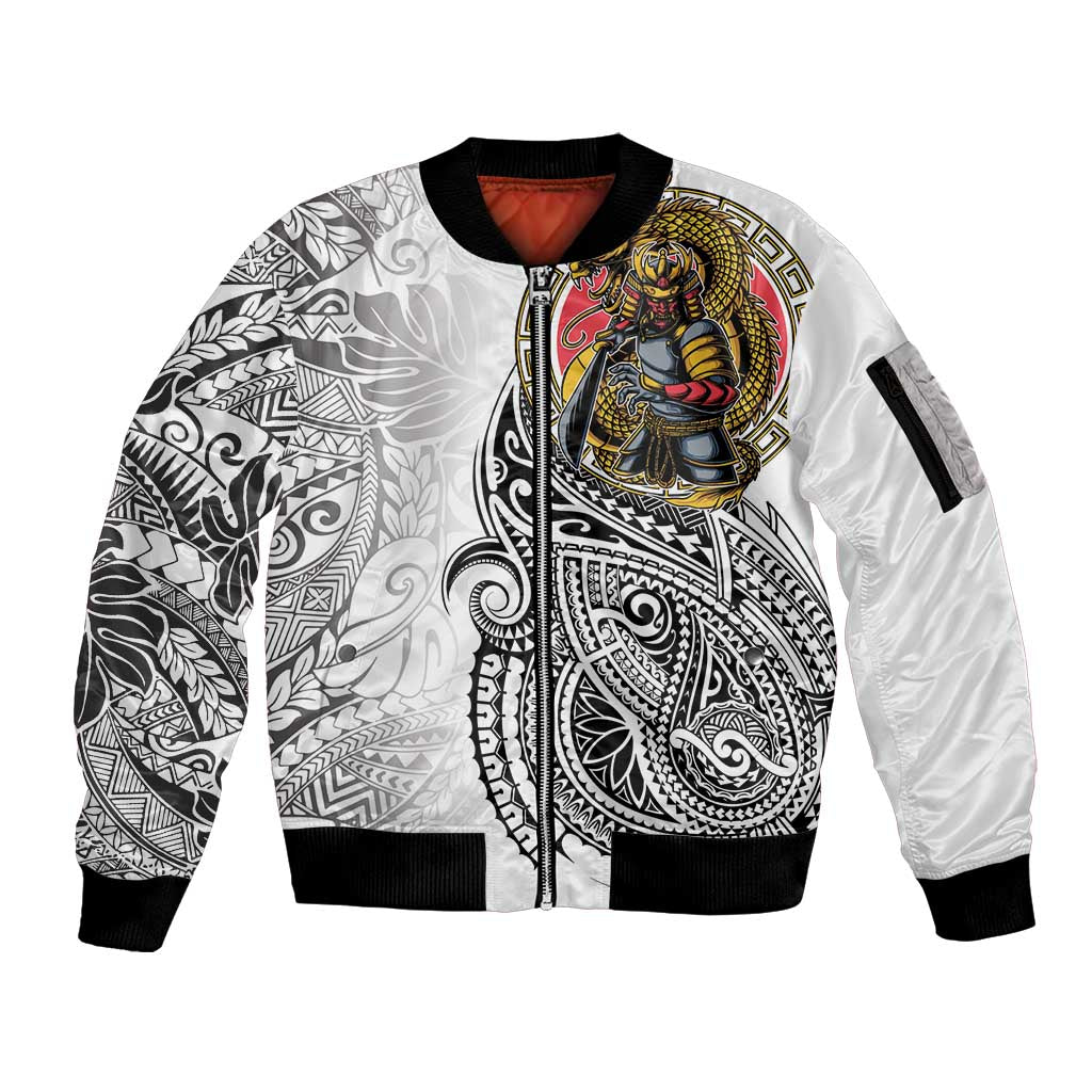 Japanese Samurai Warrior Sleeve Zip Bomber Jacket White Polynesian Tattoo Style