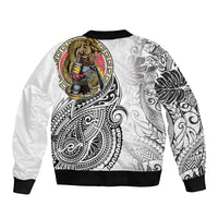Japanese Samurai Warrior Sleeve Zip Bomber Jacket White Polynesian Tattoo Style