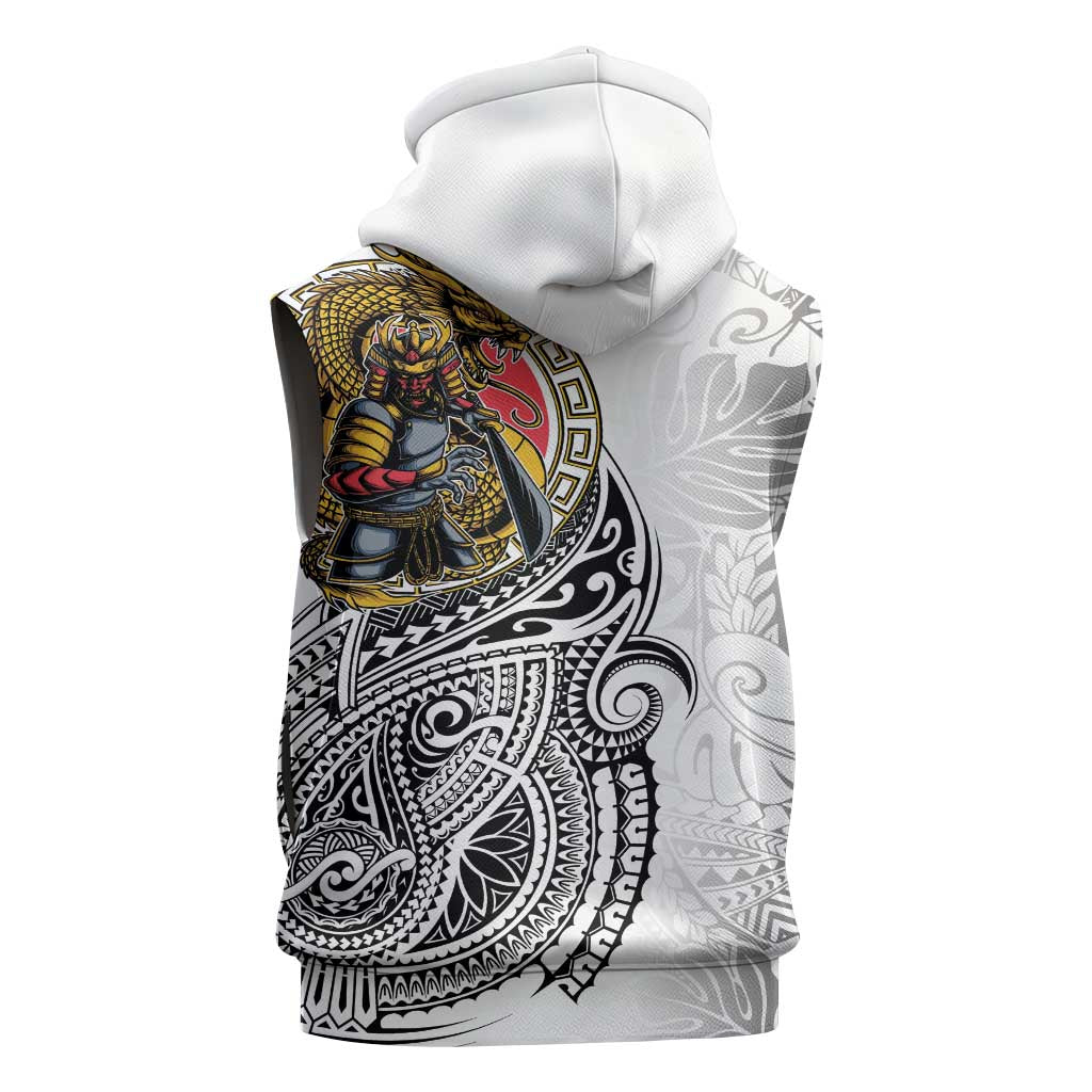 Japanese Samurai Warrior Sleeveless Hoodie White Polynesian Tattoo Style LT9 - Polynesian Pride