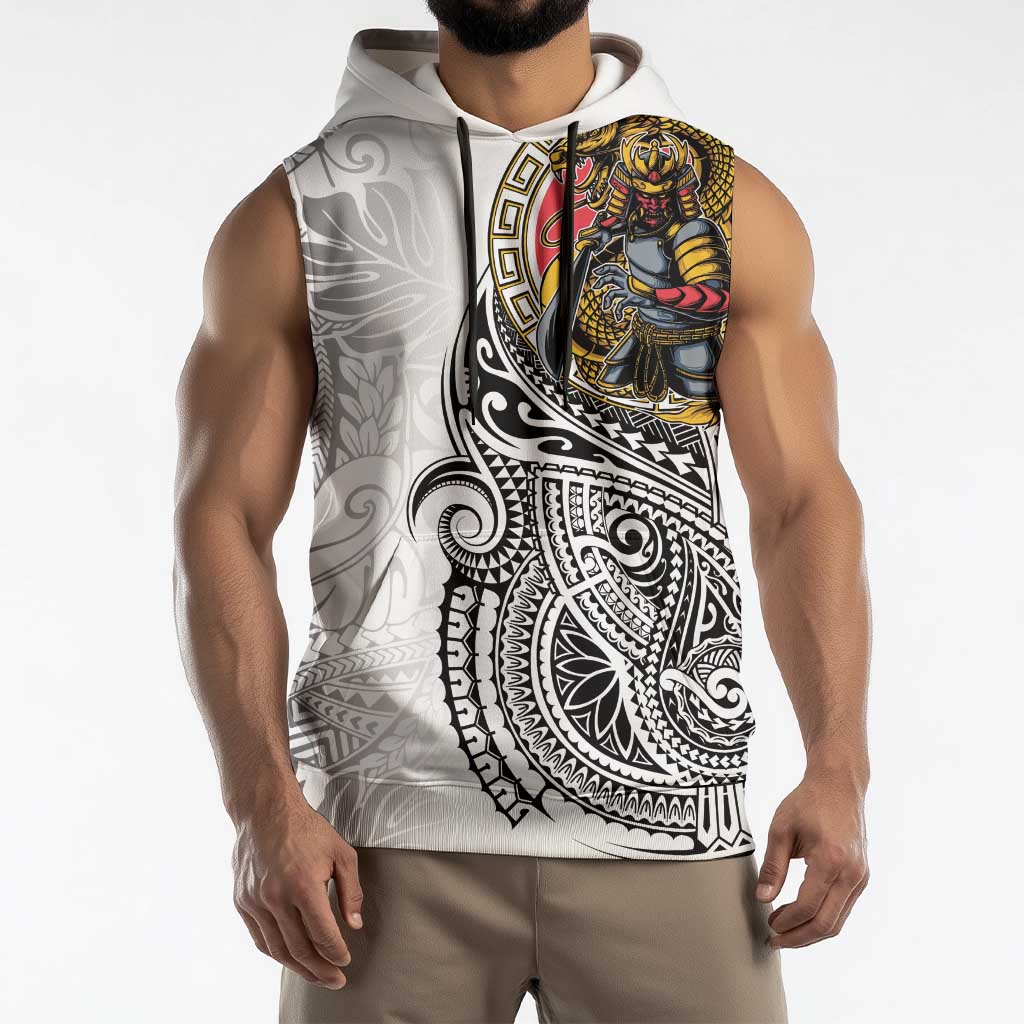 Japanese Samurai Warrior Sleeveless Hoodie White Polynesian Tattoo Style LT9 - Polynesian Pride