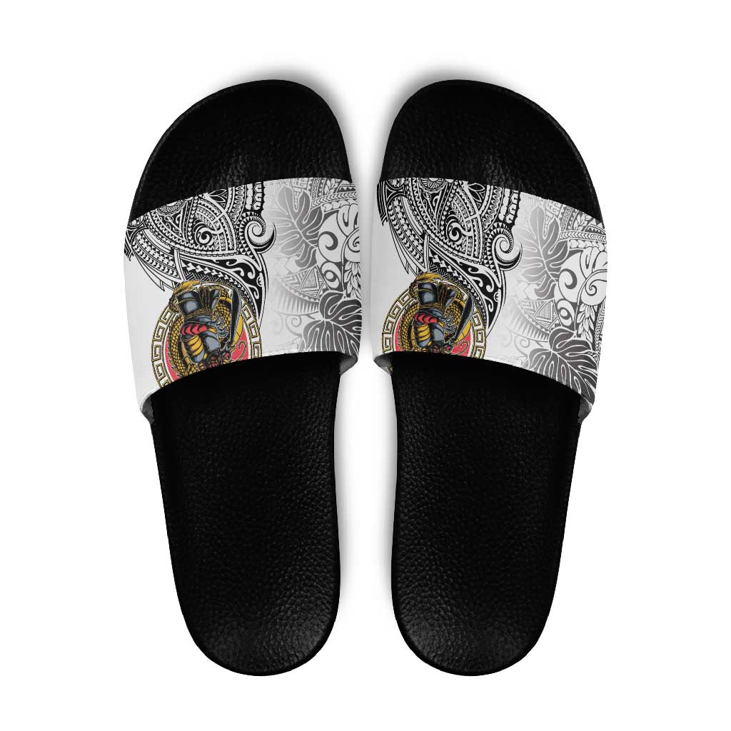 Japanese Samurai Warrior Slide Sandals White Polynesian Tattoo Style - Polynesian Pride