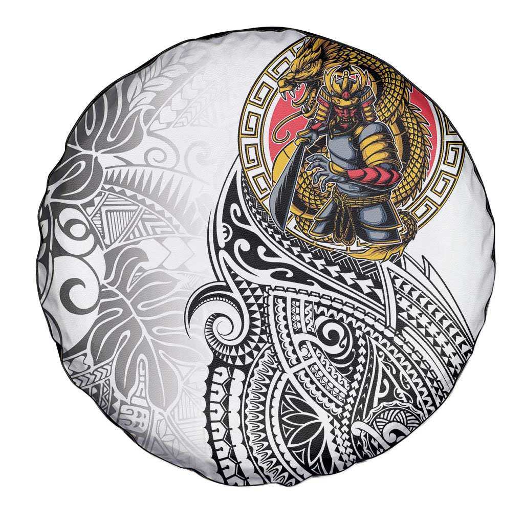 Japanese Samurai Warrior Spare Tire Cover White Polynesian Tattoo Style
