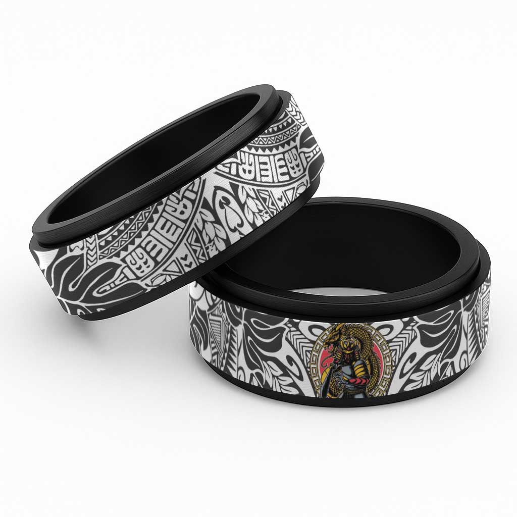 Japanese Samurai Warrior Spinner Ring White Polynesian Tattoo Style - Polynesian Pride