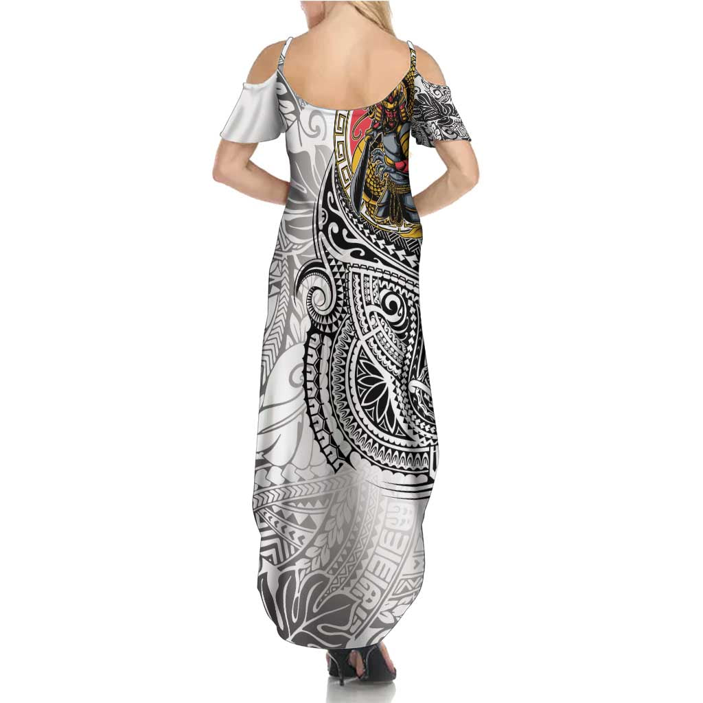 Japanese Samurai Warrior Summer Maxi Dress White Polynesian Tattoo Style
