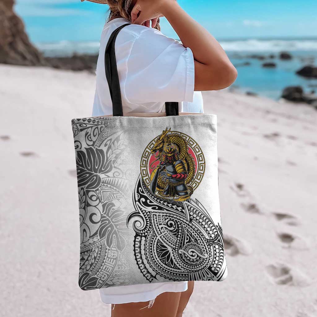 Japanese Samurai Warrior Tote Bag White Polynesian Tattoo Style - Polynesian Pride