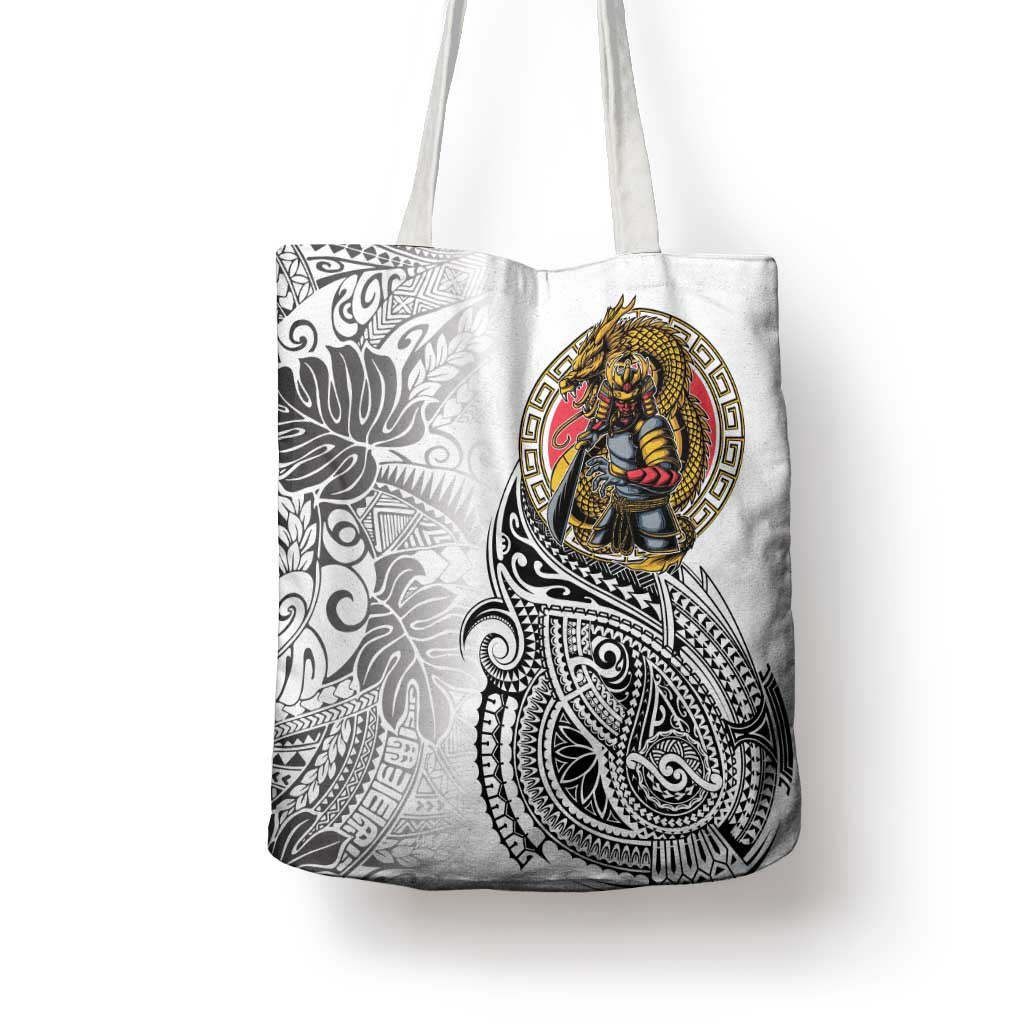 Japanese Samurai Warrior Tote Bag White Polynesian Tattoo Style - Polynesian Pride