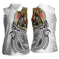 Japanese Samurai Warrior Women Sleeveless Polo Shirt White Polynesian Tattoo Style