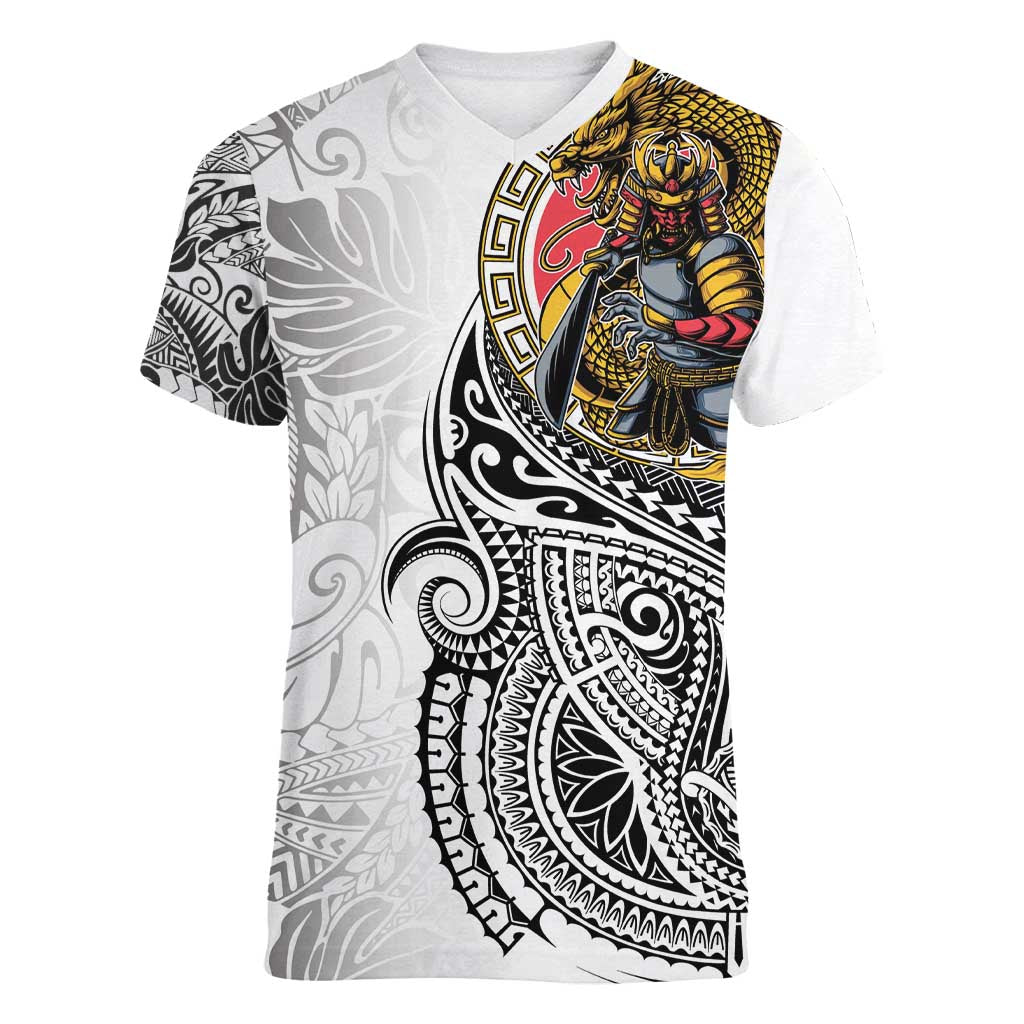 Japanese Samurai Warrior Women V-Neck T-Shirt White Polynesian Tattoo Style