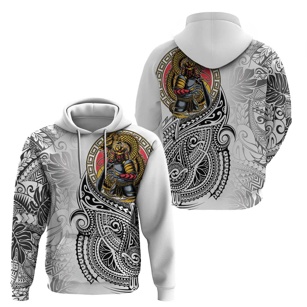 Japanese Samurai Warrior Zip Hoodie White Polynesian Tattoo Style