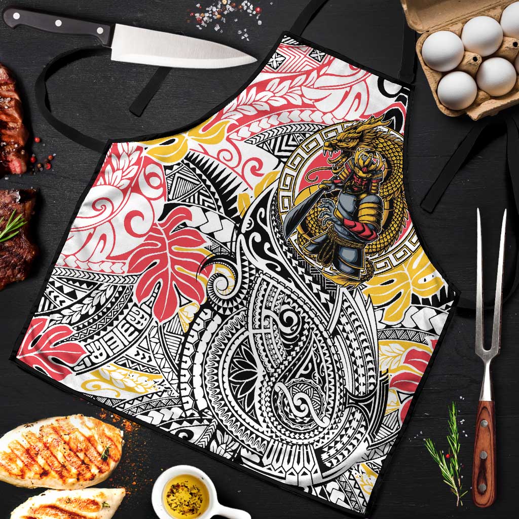Japanese Samurai Warrior Apron Colorful Polynesian Tattoo Style LT9 White - Polynesian Pride