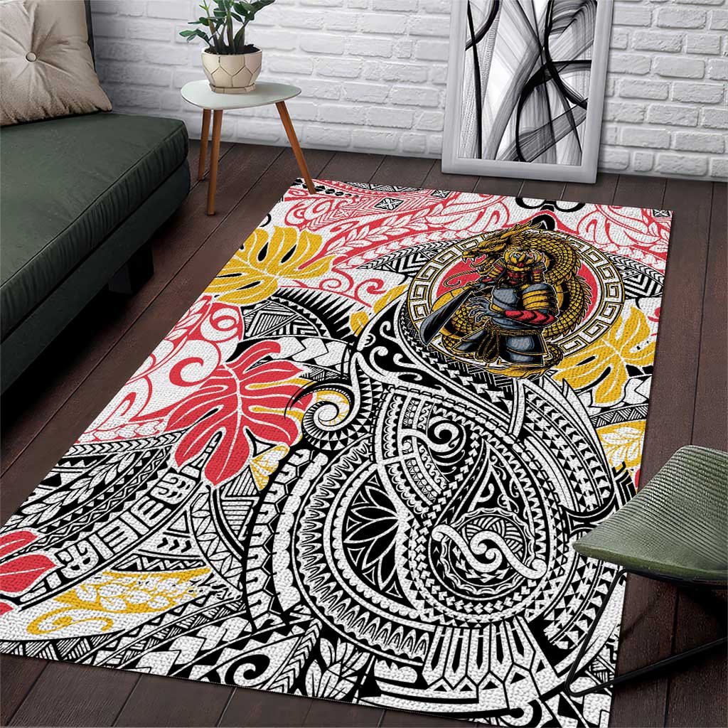 Japanese Samurai Warrior Area Rug Colorful Polynesian Tattoo Style
