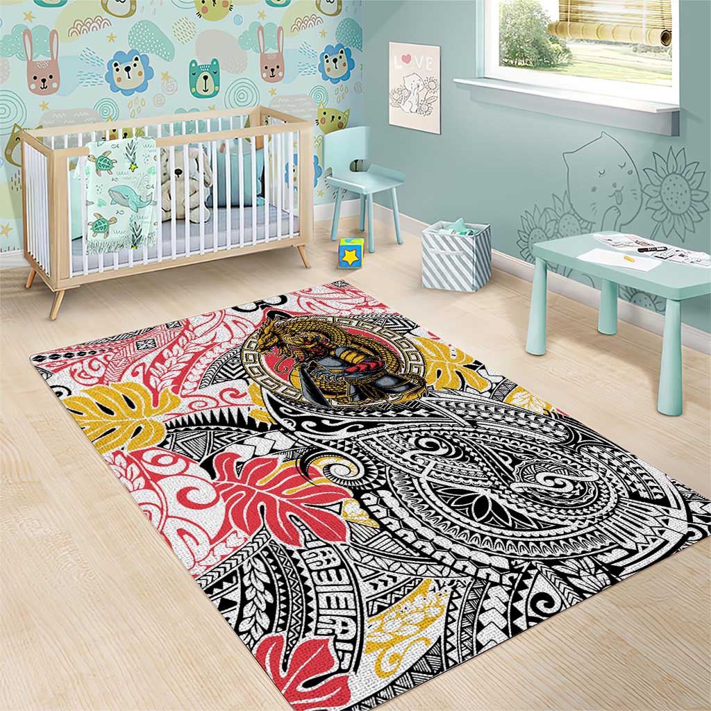 Japanese Samurai Warrior Area Rug Colorful Polynesian Tattoo Style