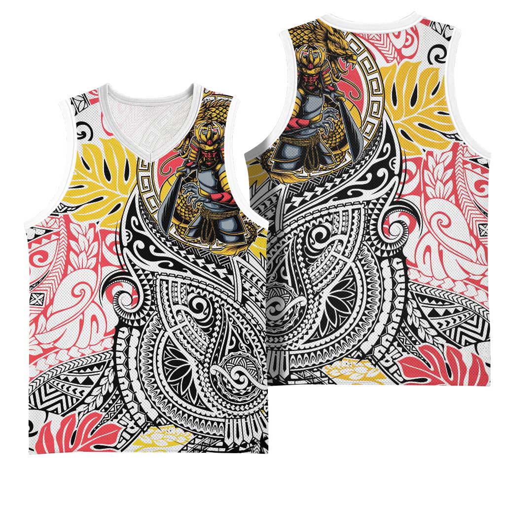 Japanese Samurai Warrior Basketball Jersey Colorful Polynesian Tattoo Style LT9 - Polynesian Pride