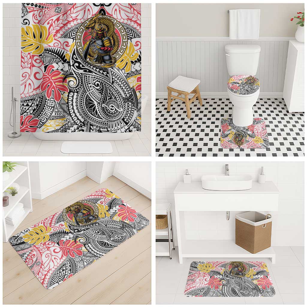Japanese Samurai Warrior Bathroom Set Colorful Polynesian Tattoo Style - Polynesian Pride
