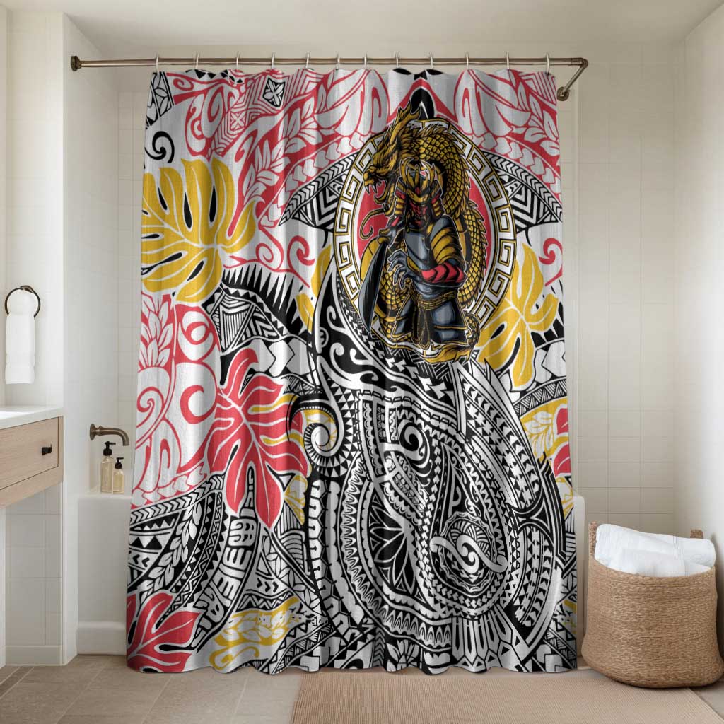 Japanese Samurai Warrior Bathroom Set Colorful Polynesian Tattoo Style - Polynesian Pride