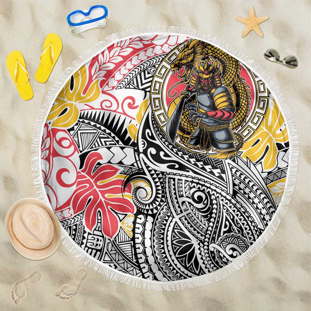 Japanese Samurai Warrior Beach Blanket Colorful Polynesian Tattoo Style LT9 One Size 150cm White - Polynesian Pride