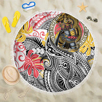 Japanese Samurai Warrior Beach Blanket Colorful Polynesian Tattoo Style LT9 One Size 150cm White - Polynesian Pride