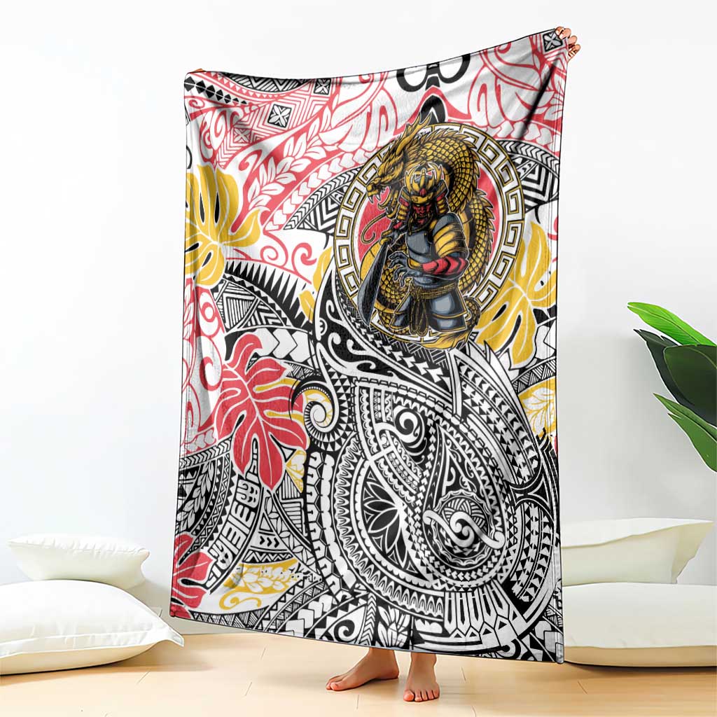 Japanese Samurai Warrior Blanket Colorful Polynesian Tattoo Style