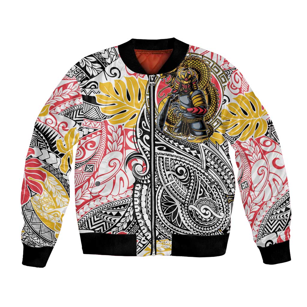 Japanese Samurai Warrior Bomber Jacket Colorful Polynesian Tattoo Style