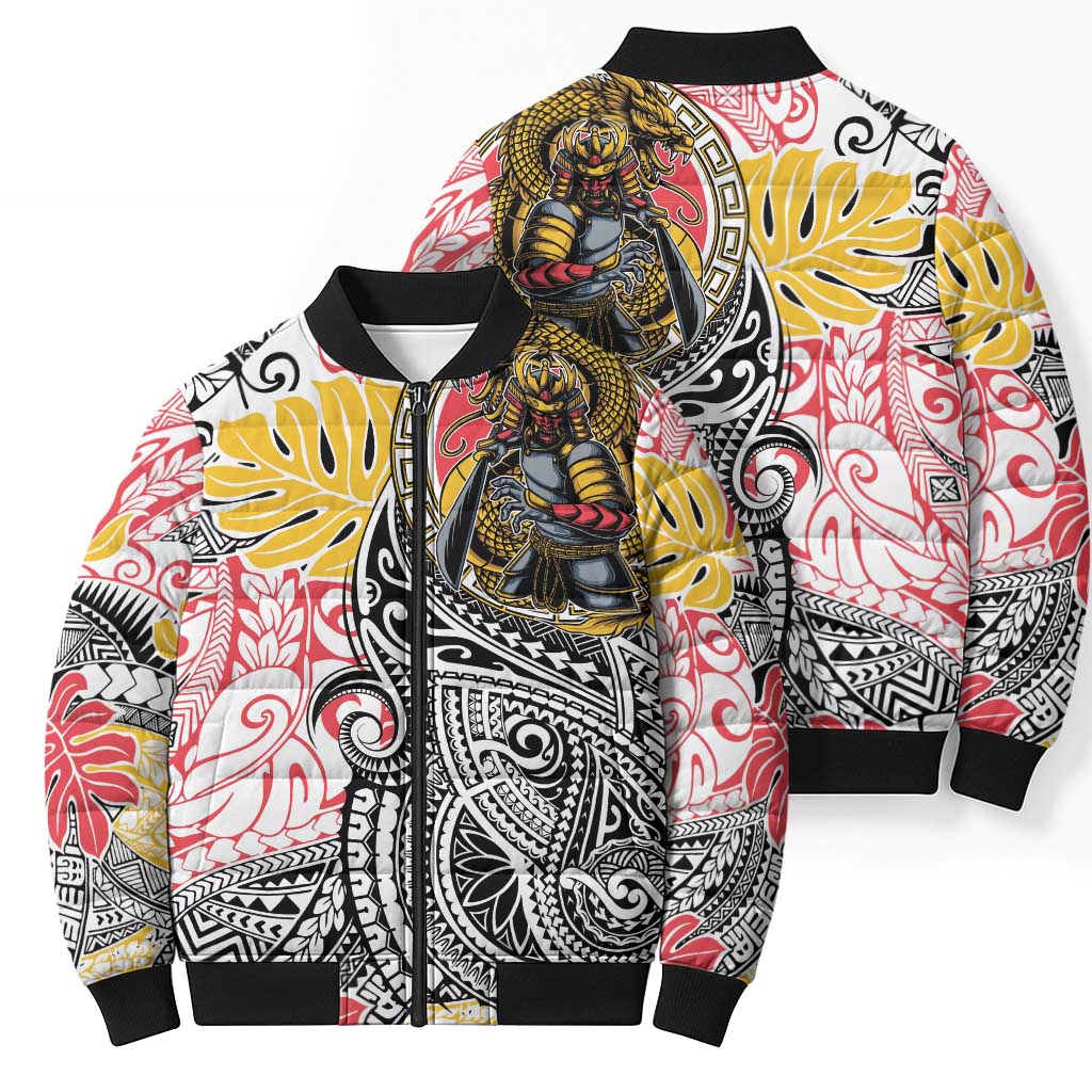 Japanese Samurai Warrior Bomber Puffer Jacket Colorful Polynesian Tattoo Style LT9 - Polynesian Pride
