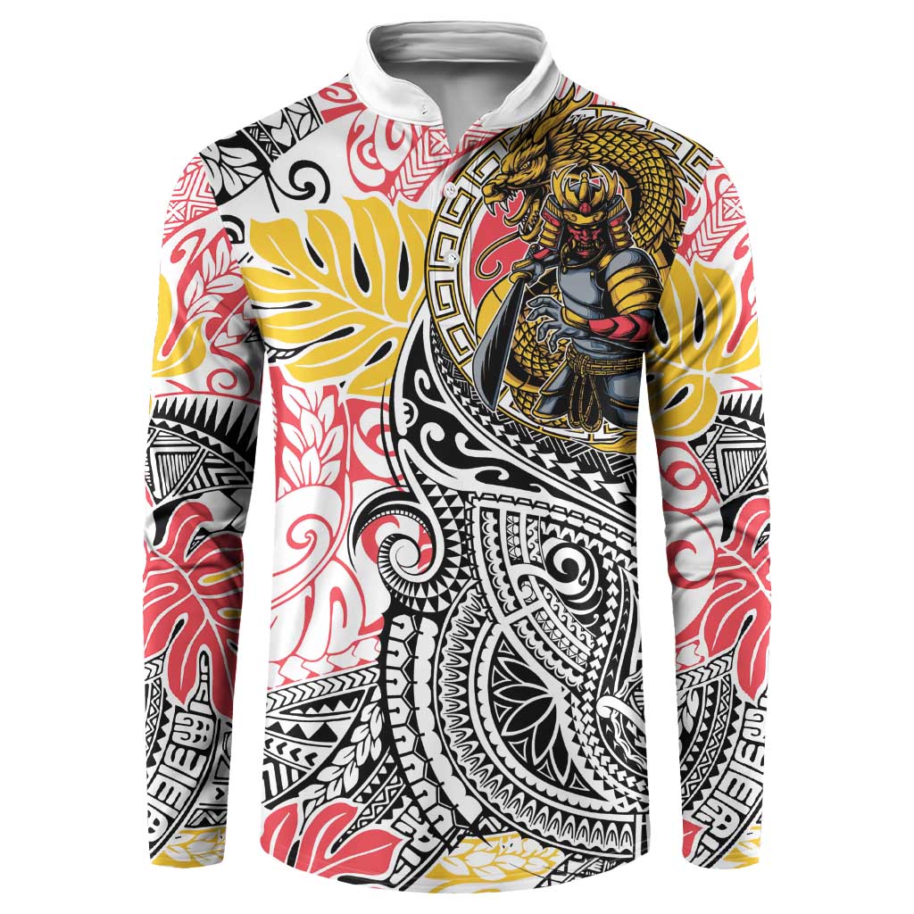 Japanese Samurai Warrior Button Sweatshirt Colorful Polynesian Tattoo Style