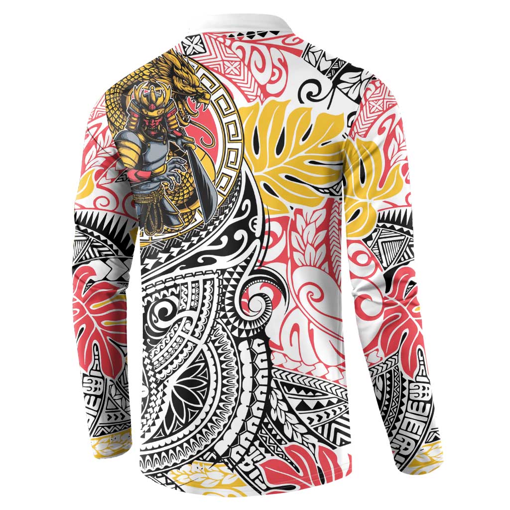 Japanese Samurai Warrior Button Sweatshirt Colorful Polynesian Tattoo Style