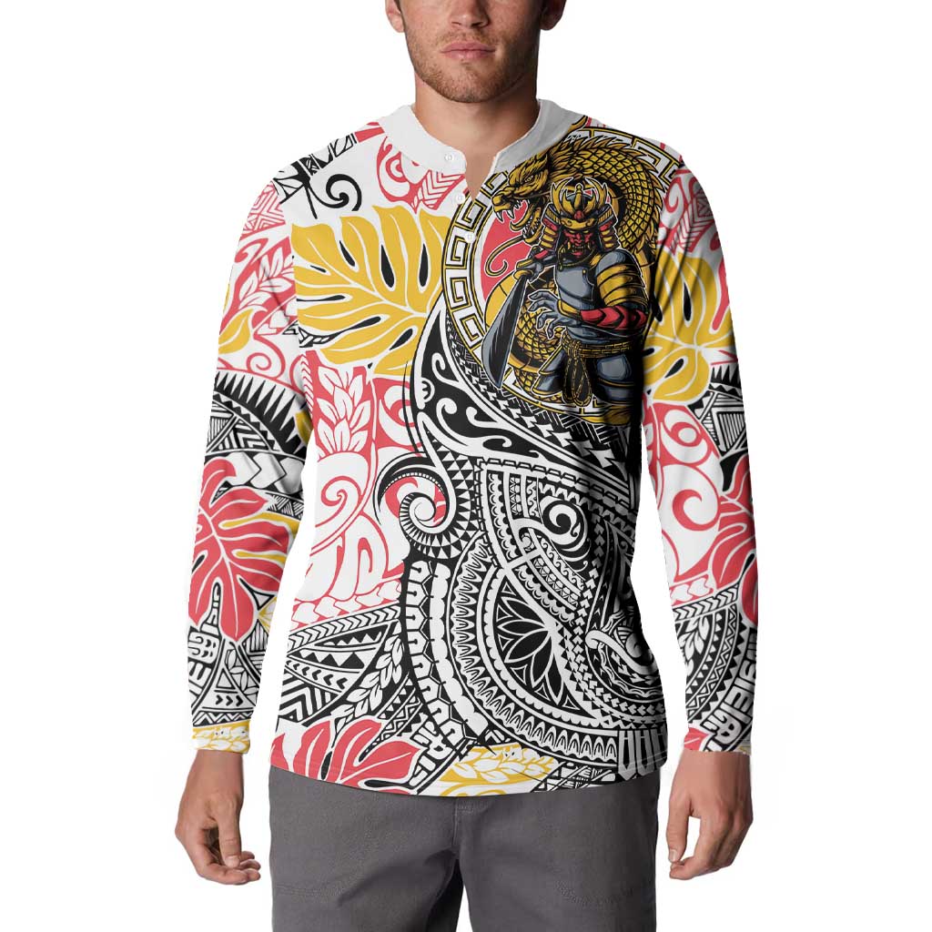 Japanese Samurai Warrior Button Sweatshirt Colorful Polynesian Tattoo Style