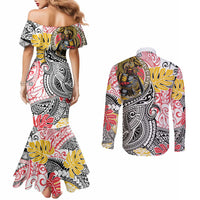 Japanese Samurai Warrior Couples Matching Mermaid Dress and Long Sleeve Button Shirt Colorful Polynesian Tattoo Style LT9 - Polynesian Pride