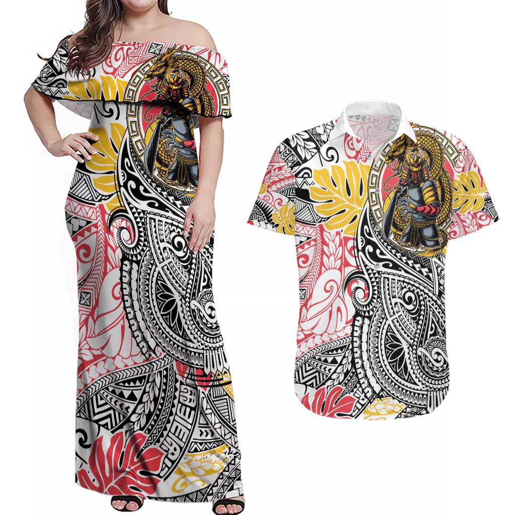 Japanese Samurai Warrior Couples Matching Off Shoulder Maxi Dress and Hawaiian Shirt Colorful Polynesian Tattoo Style