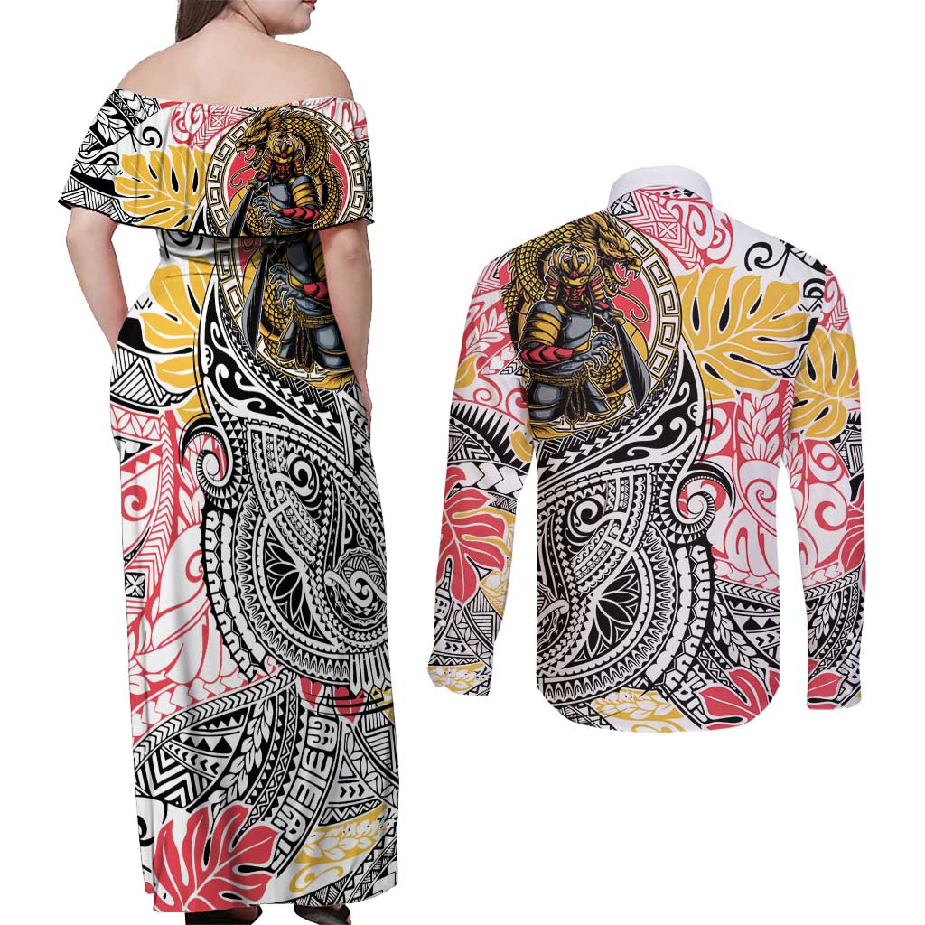 Japanese Samurai Warrior Couples Matching Off Shoulder Maxi Dress and Long Sleeve Button Shirt Colorful Polynesian Tattoo Style LT9 - Polynesian Pride