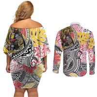 Japanese Samurai Warrior Couples Matching Off Shoulder Short Dress and Long Sleeve Button Shirt Colorful Polynesian Tattoo Style LT9 - Polynesian Pride