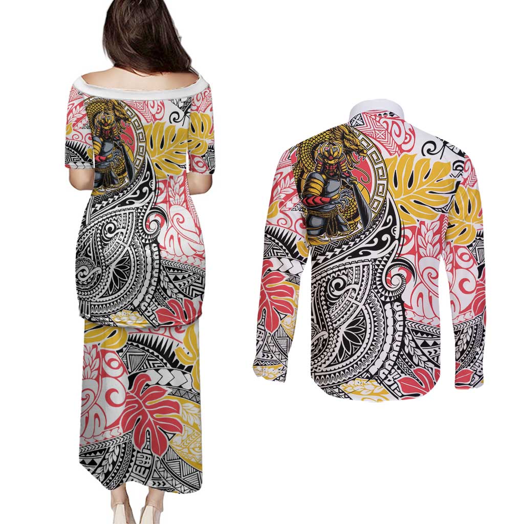 Japanese Samurai Warrior Couples Matching Puletasi and Long Sleeve Button Shirt Colorful Polynesian Tattoo Style LT9 - Polynesian Pride