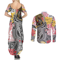 Japanese Samurai Warrior Couples Matching Summer Maxi Dress and Long Sleeve Button Shirt Colorful Polynesian Tattoo Style LT9 - Polynesian Pride