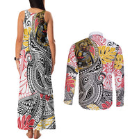 Japanese Samurai Warrior Couples Matching Tank Maxi Dress and Long Sleeve Button Shirt Colorful Polynesian Tattoo Style LT9 - Polynesian Pride