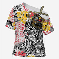 Japanese Samurai Warrior Cross Shoulder Shirt Colorful Polynesian Tattoo Style LT9 Female White - Polynesian Pride