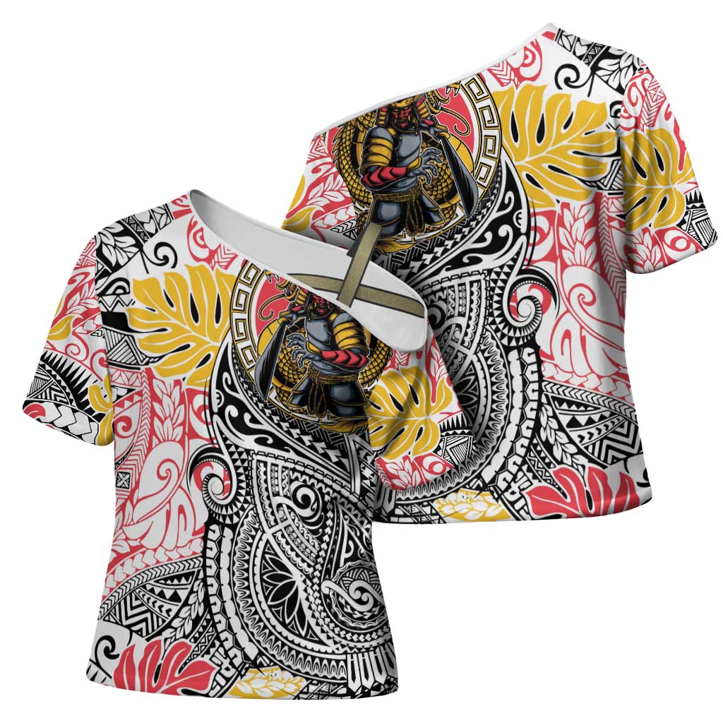 Japanese Samurai Warrior Cross Shoulder Shirt Colorful Polynesian Tattoo Style LT9 - Polynesian Pride
