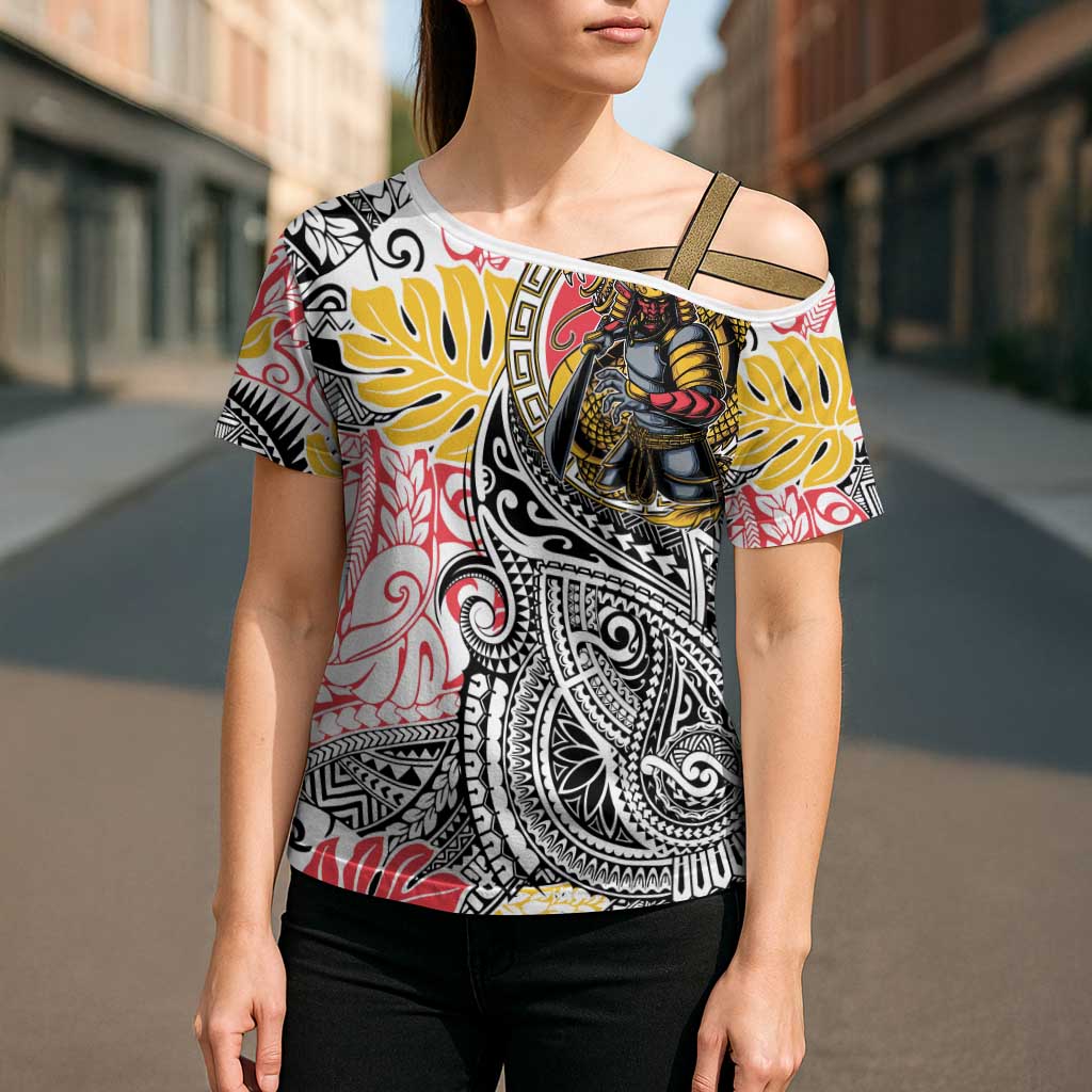 Japanese Samurai Warrior Cross Shoulder Shirt Colorful Polynesian Tattoo Style LT9 - Polynesian Pride